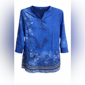Elegant Blue Floral Border Henley Tunic